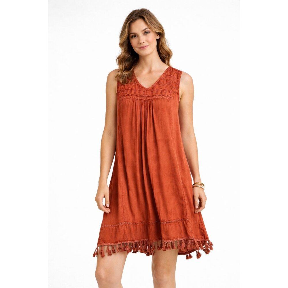 Boho Embroidered Sleeveless Rayon Dress Rust Orange Tassel Hem Free Size